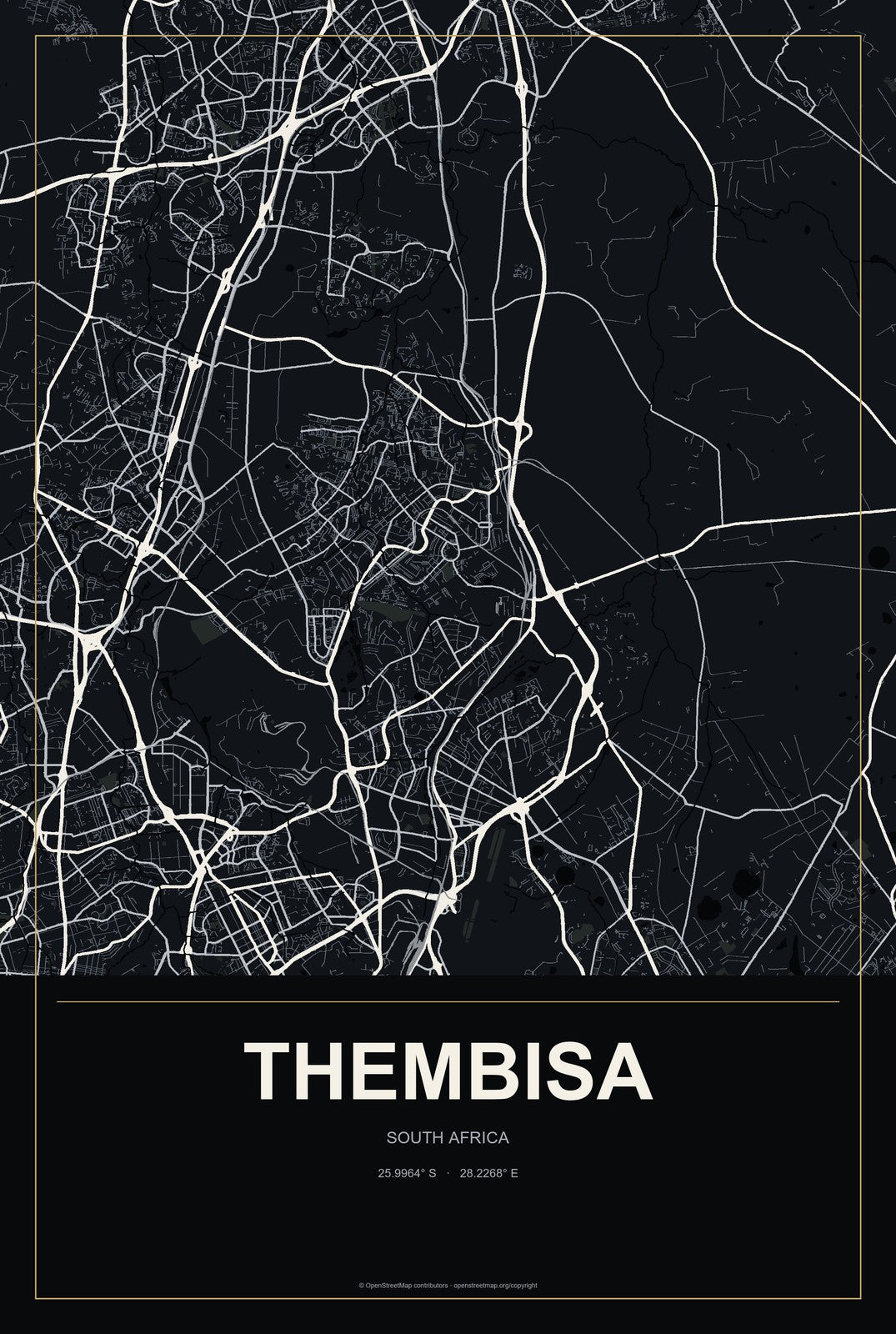 Thembisa, South Africa City Map Aluminum Sign in Metropolitan Noir style