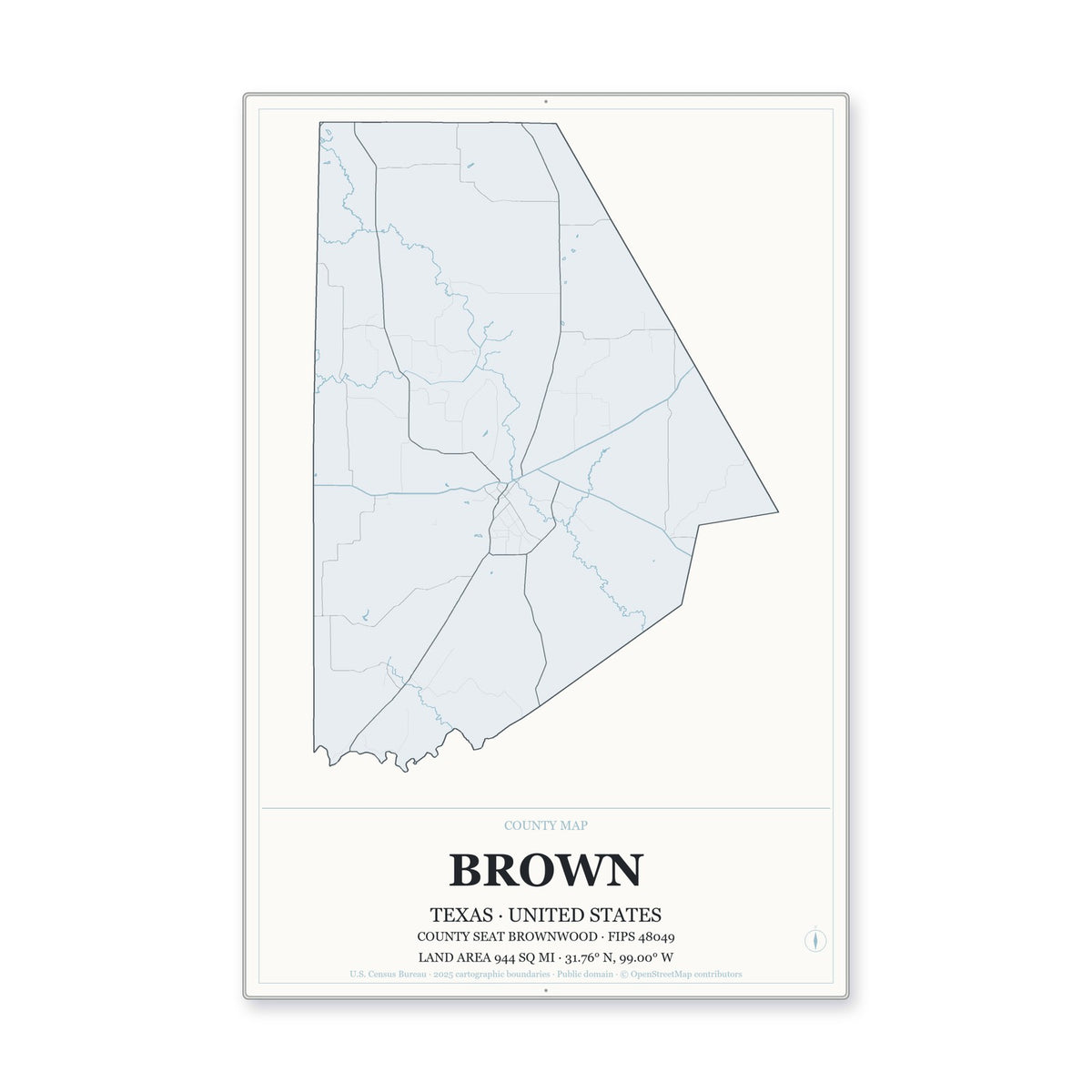 Brown County, Texas Map Aluminum Sign in Gallery Air style