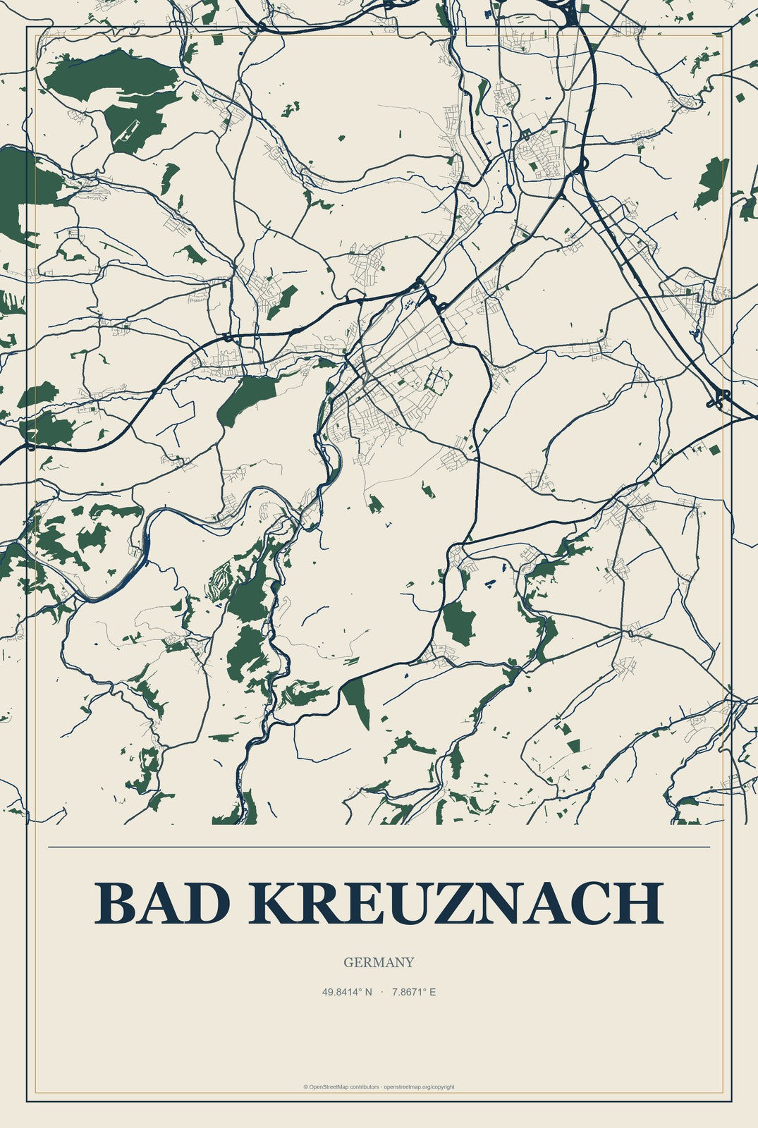 Bad Kreuznach, Germany City Map Aluminum Sign in Coastal Cutout style