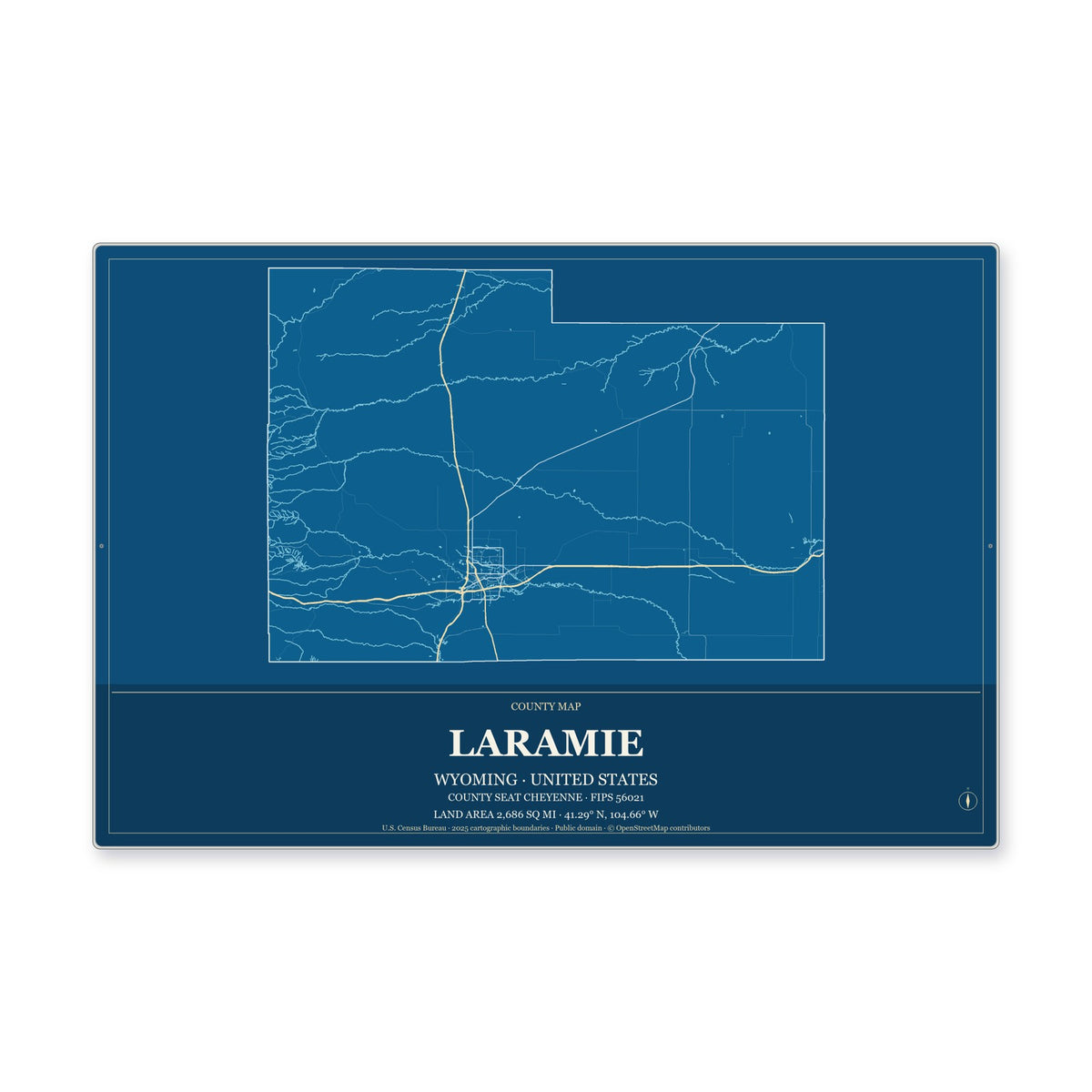 Laramie County, Wyoming Map Aluminum Sign in Harbor Cobalt style