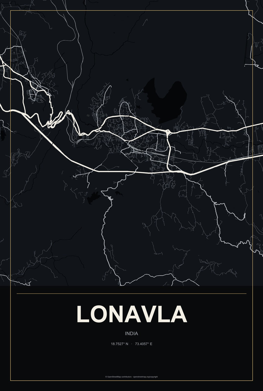 Lonavla, India City Map Aluminum Sign in Metropolitan Noir style