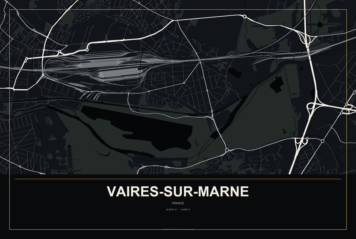 Vaires-sur-Marne, France City Map Aluminum Sign in Metropolitan Noir style