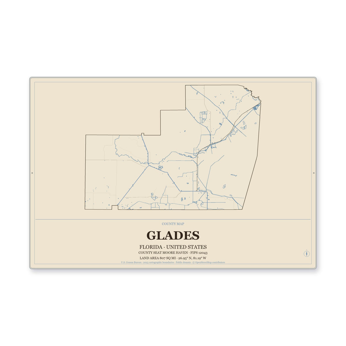 Glades County, Florida Map Aluminum Sign in Heritage Nautical style