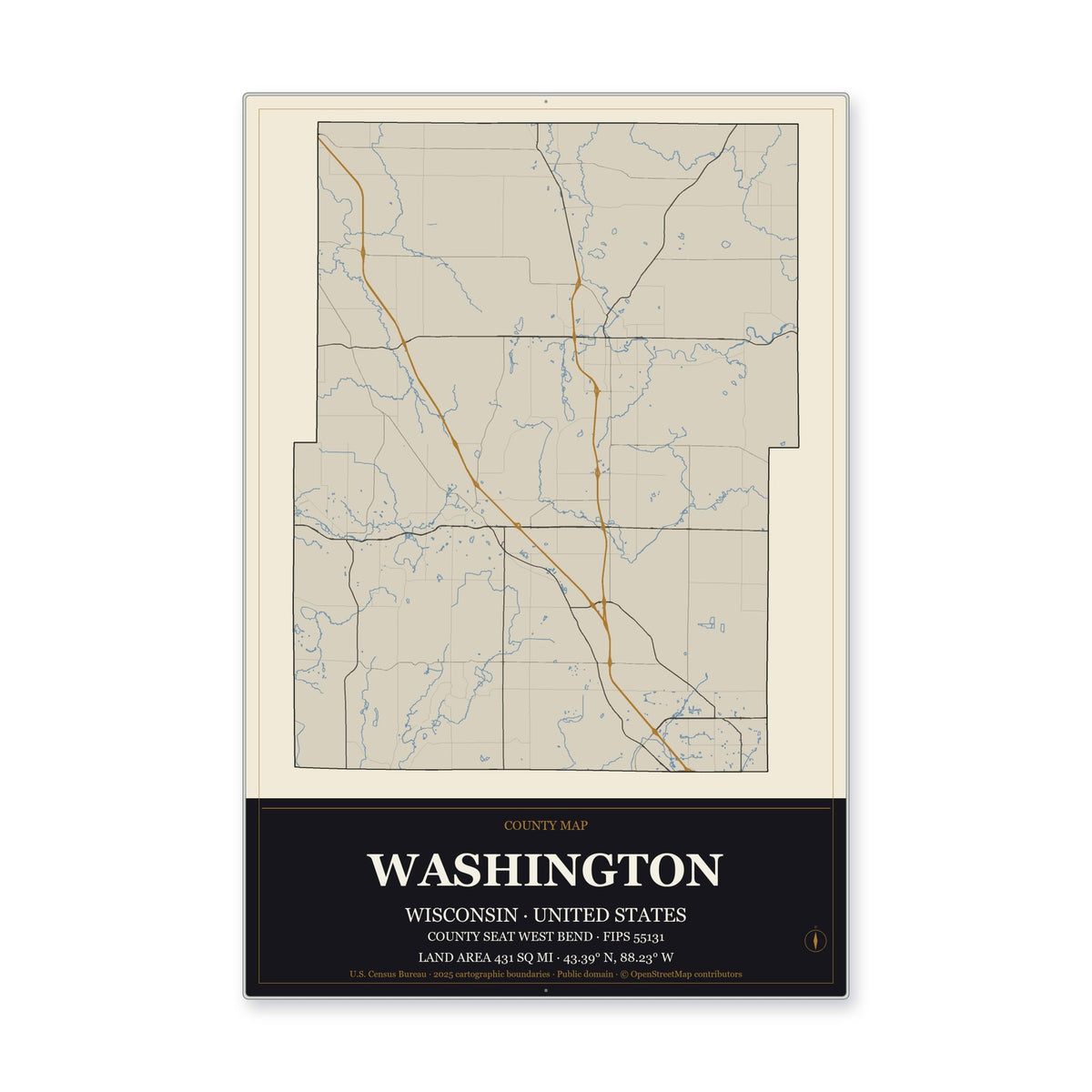 Washington County, Wisconsin Map Aluminum Sign in Museum Plaque style