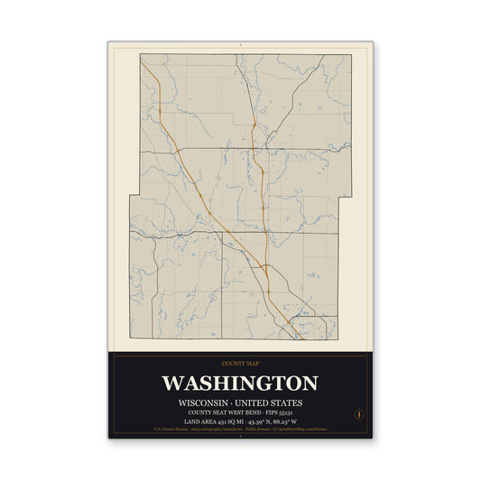 Washington County, Wisconsin Map Aluminum Sign in Museum Plaque style