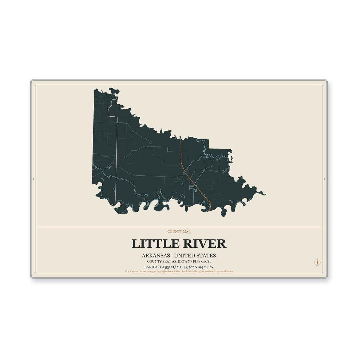 Little River County, Arkansas Map Aluminum Sign in Headline Atlas style