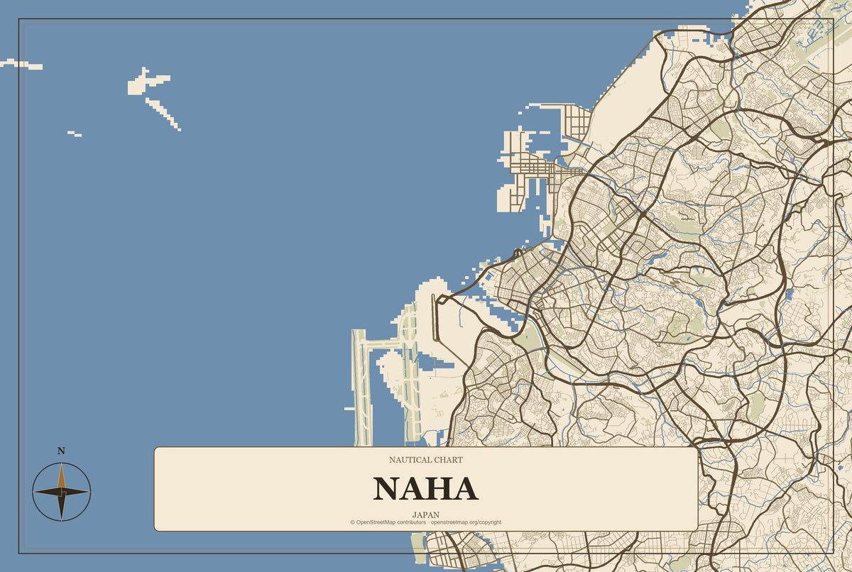 Naha, Japan City Map Aluminum Sign in Heritage Nautical style