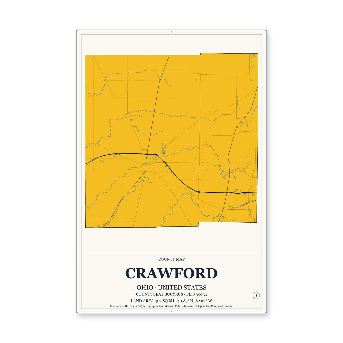 Crawford County, Ohio Map Aluminum Sign in Citrine Modern style