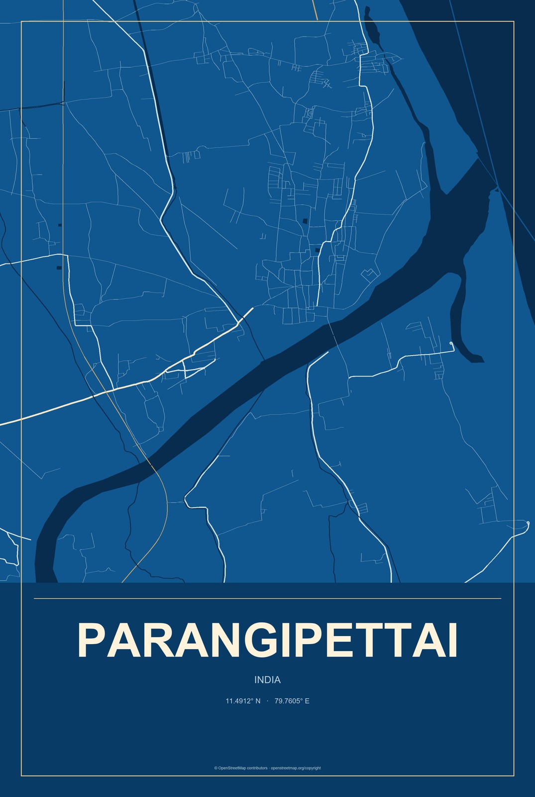 Parangipettai, India City Map Aluminum Sign in Harbor Cobalt style