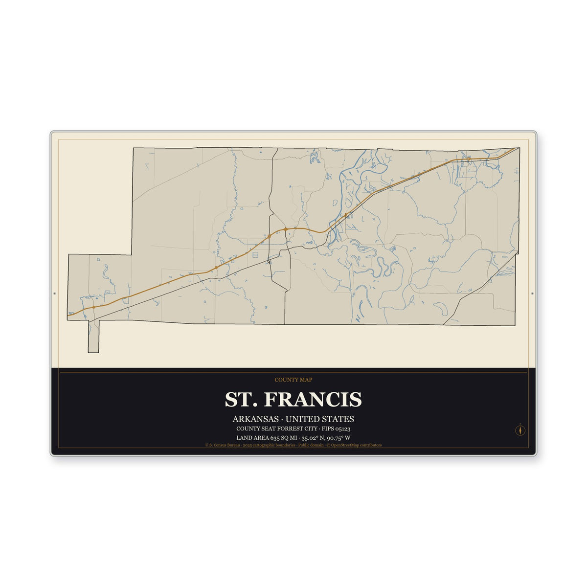 St. Francis County, Arkansas Map Aluminum Sign in Museum Plaque style