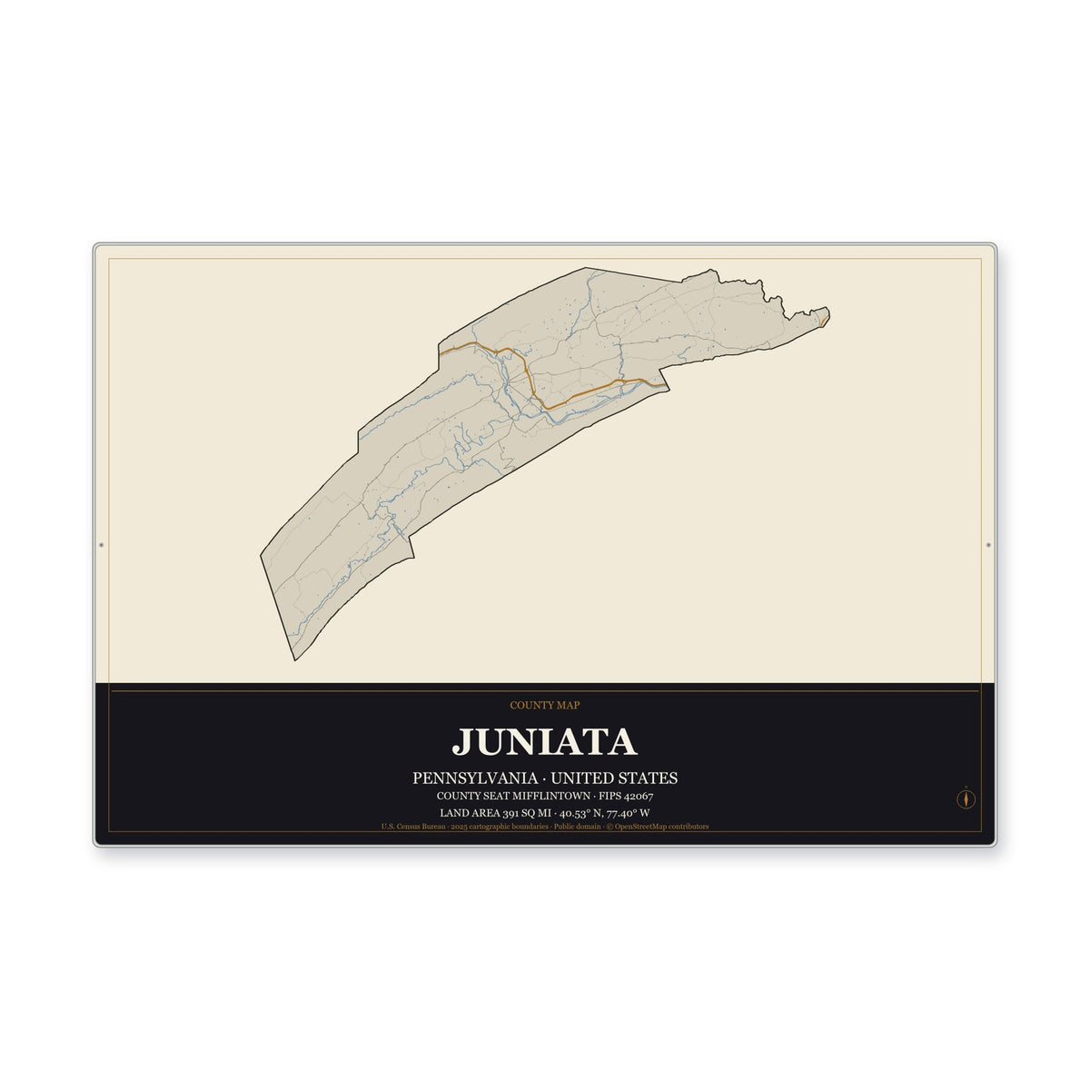 Juniata County, Pennsylvania Map Aluminum Sign in Museum Plaque style