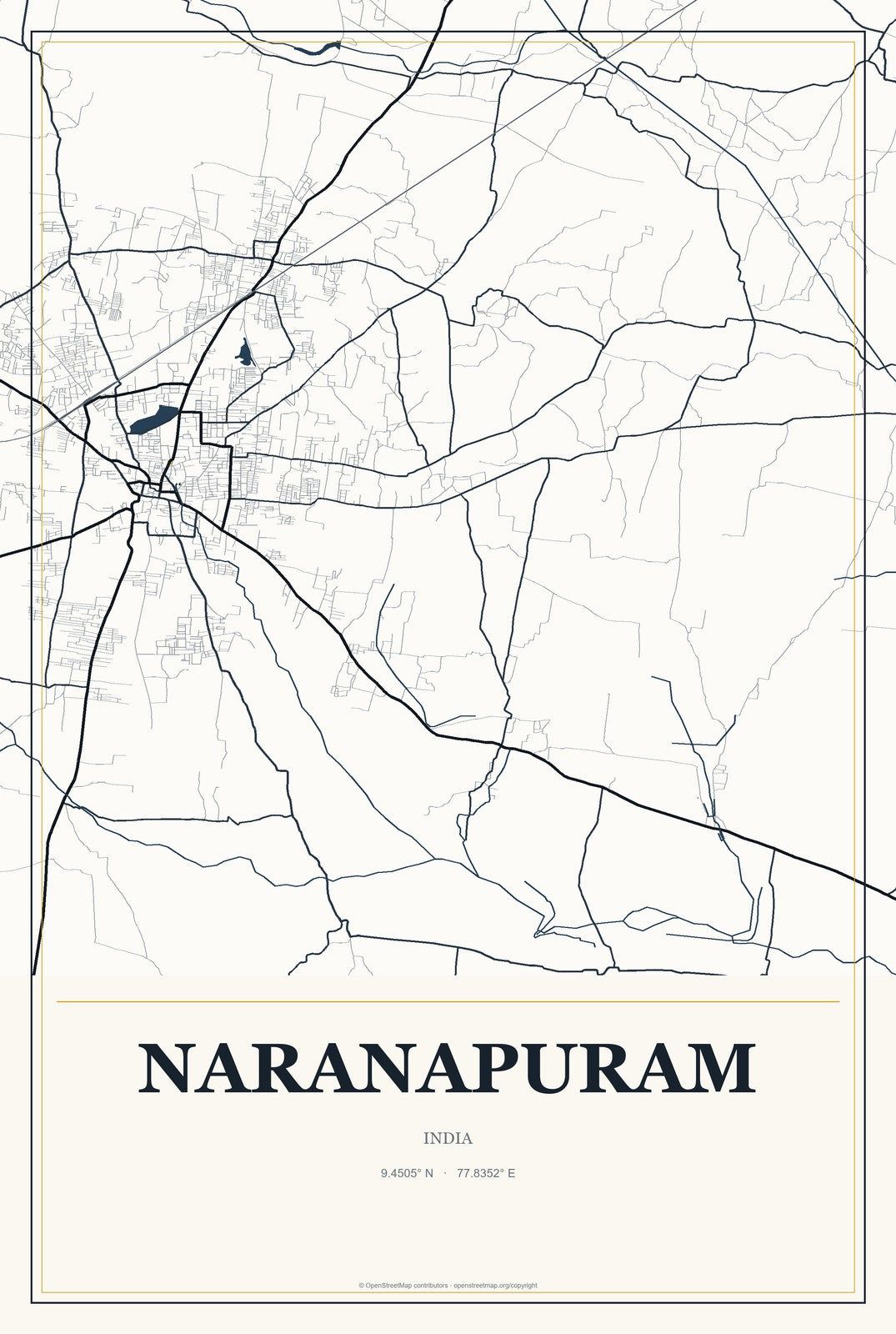 Naranapuram, India City Map Aluminum Sign in Citrine Modern style