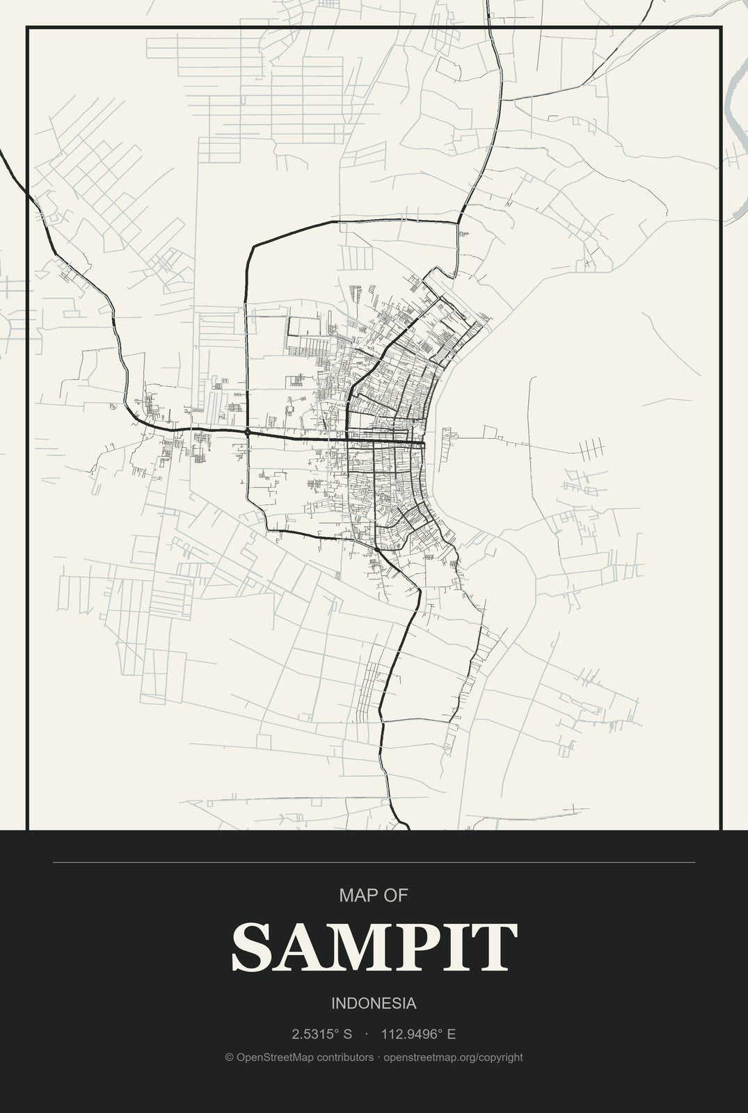 Sampit, Indonesia City Map Aluminum Sign in Museum Plaque style