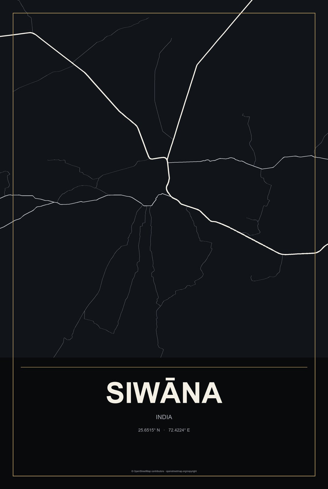 Siwāna, India City Map Aluminum Sign in Metropolitan Noir style