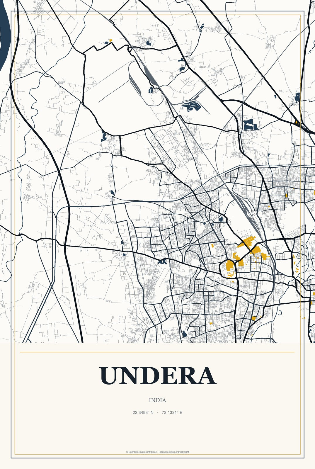 Undera, India City Map Aluminum Sign in Citrine Modern style