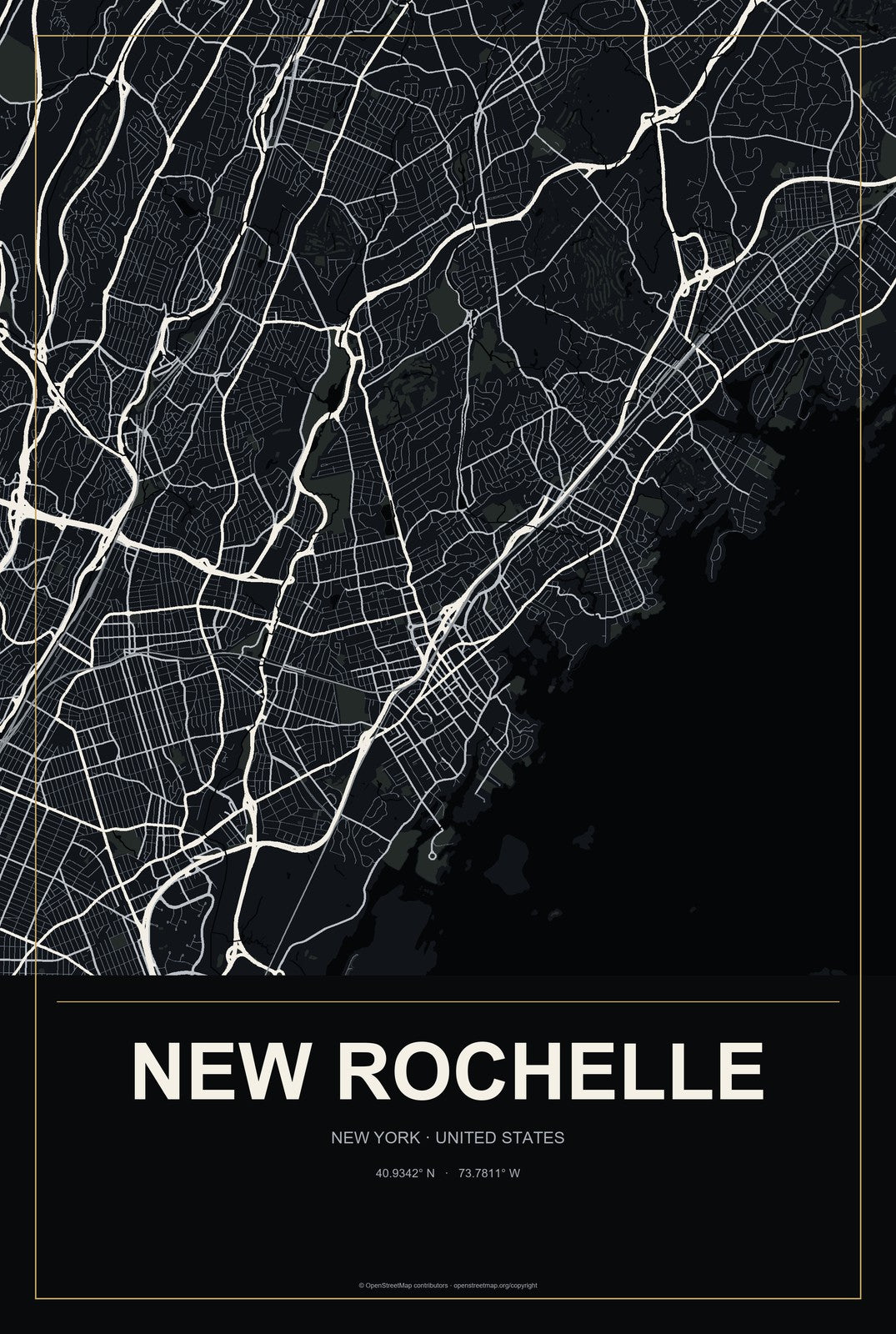 New Rochelle, New York City Map Aluminum Sign in Metropolitan Noir style
