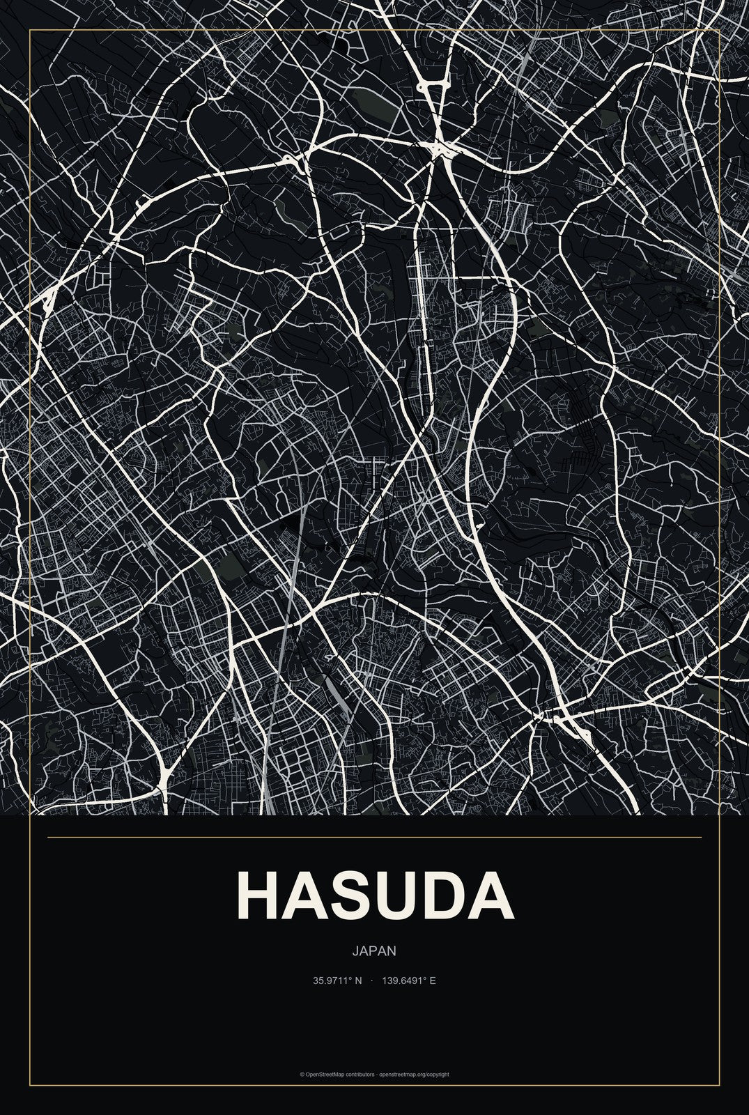 Hasuda, Japan City Map Aluminum Sign in Metropolitan Noir style