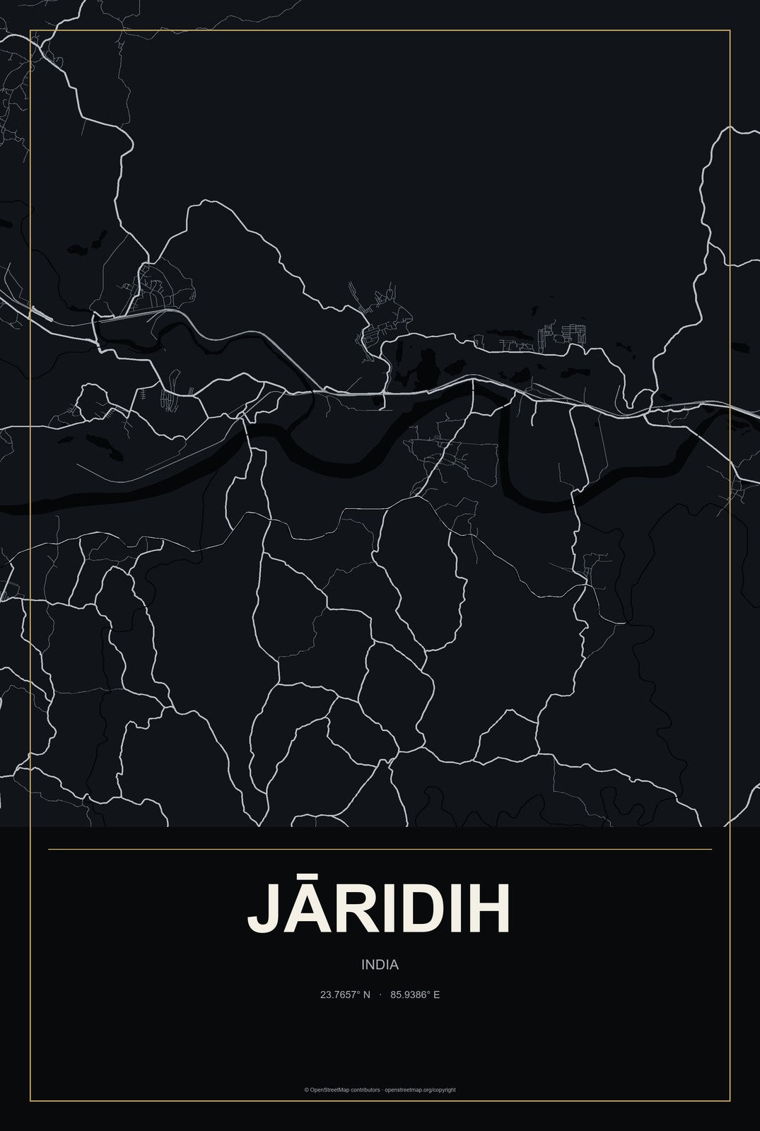 Jāridih, India City Map Aluminum Sign in Metropolitan Noir style