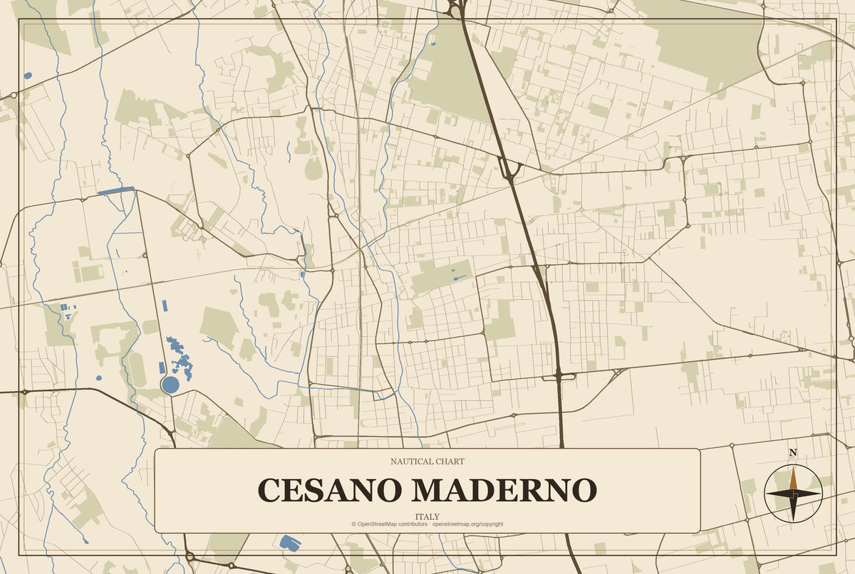 Cesano Maderno, Italy City Map Aluminum Sign in Heritage Nautical style