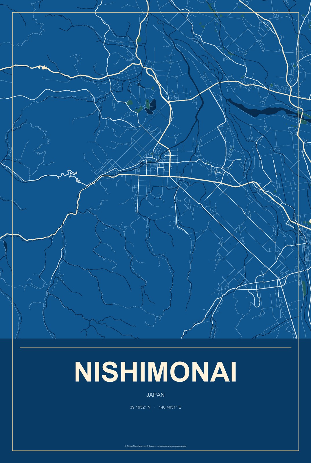 Nishimonai, Japan City Map Aluminum Sign in Harbor Cobalt style