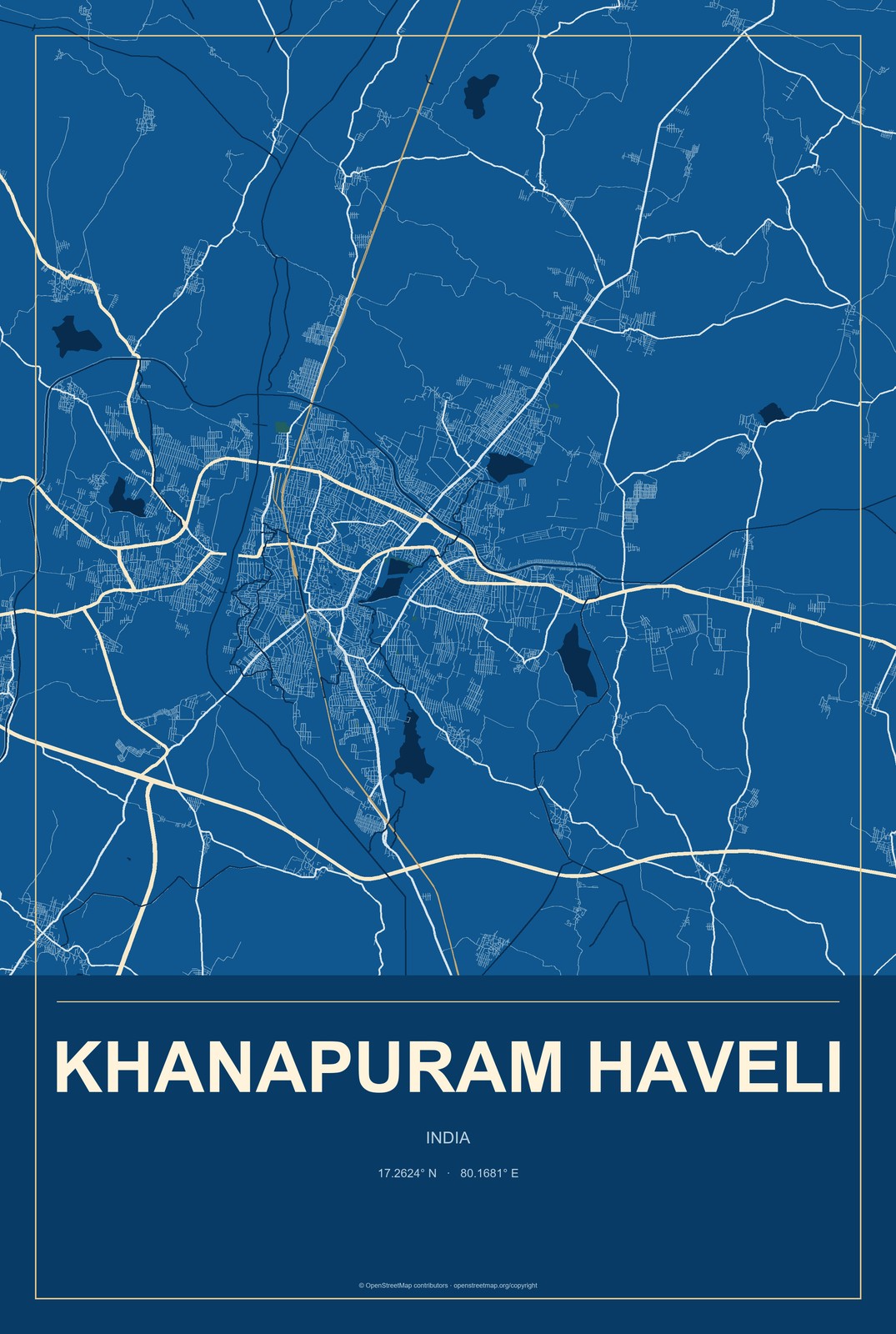 Khanapuram Haveli, India City Map Aluminum Sign in Harbor Cobalt style