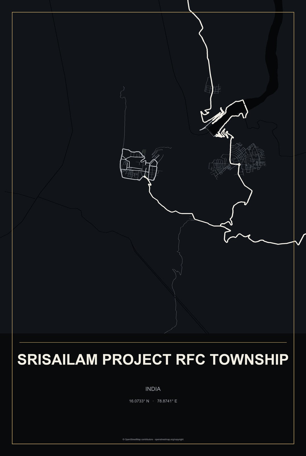 Srisailam Project RFC Township, India City Map Aluminum Sign in Metropolitan Noir style