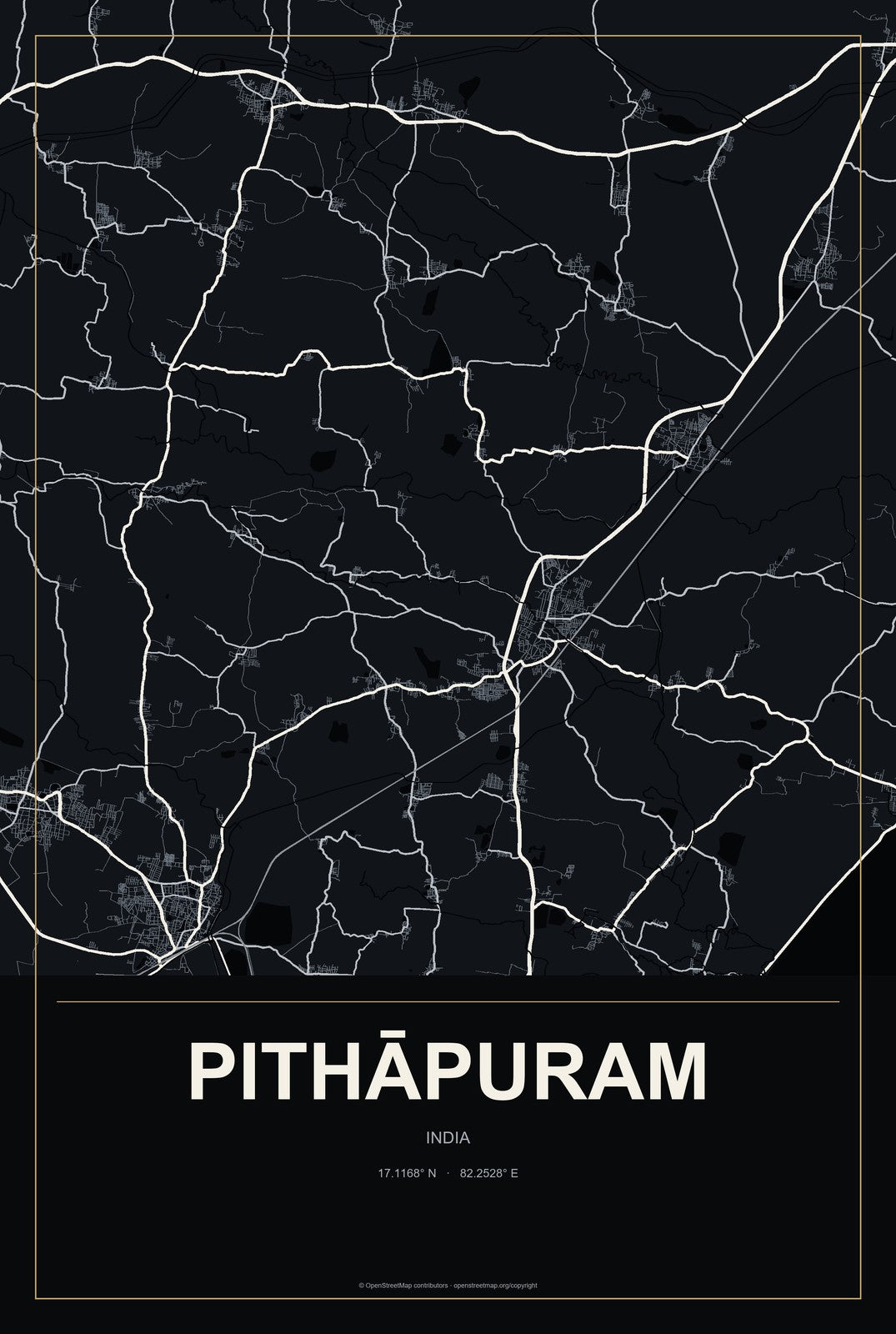 Pithāpuram, India City Map Aluminum Sign in Metropolitan Noir style