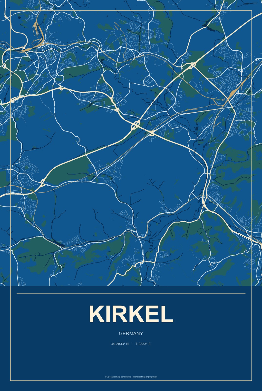 Kirkel, Germany City Map Aluminum Sign in Harbor Cobalt style