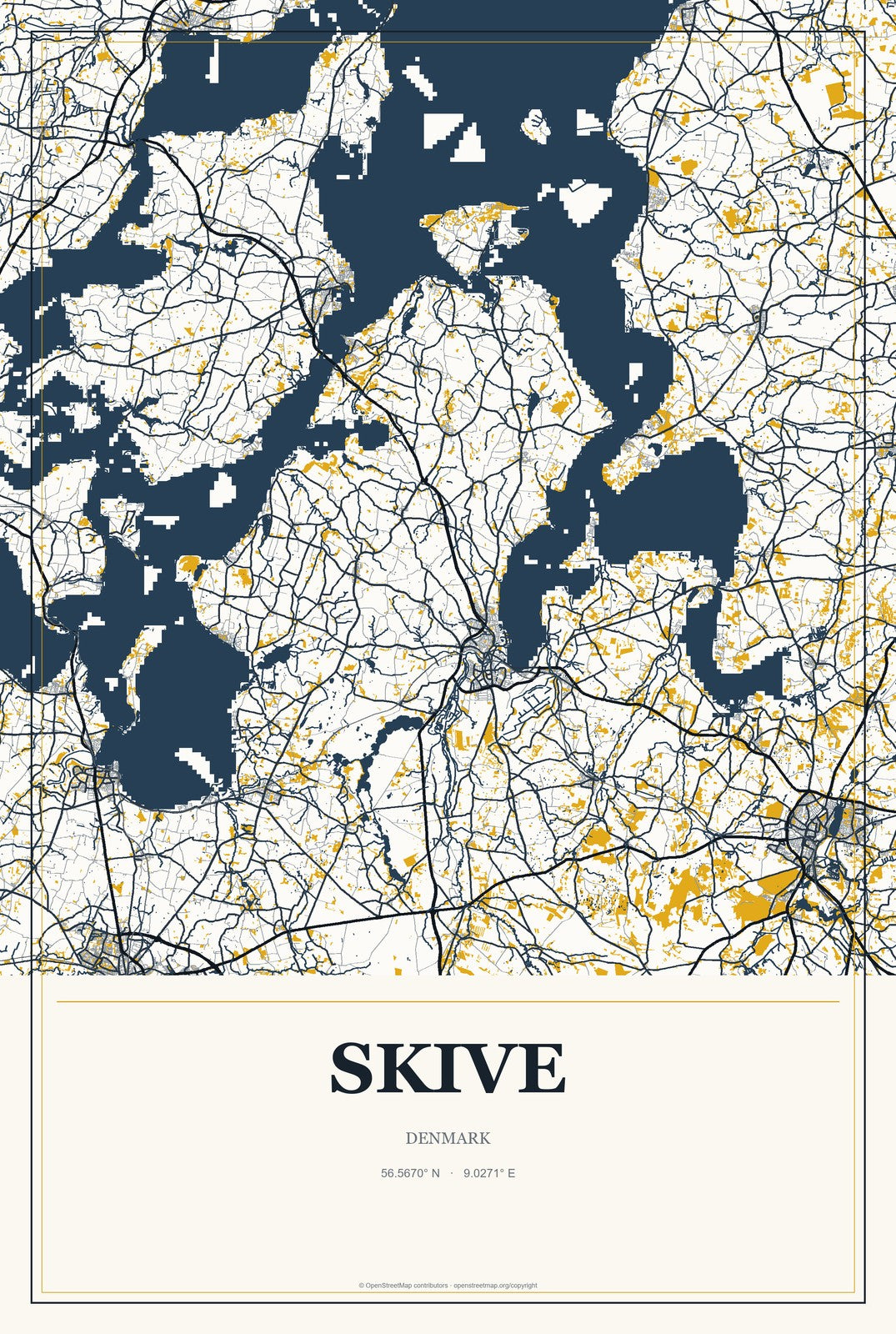 Skive, Denmark City Map Aluminum Sign in Citrine Modern style