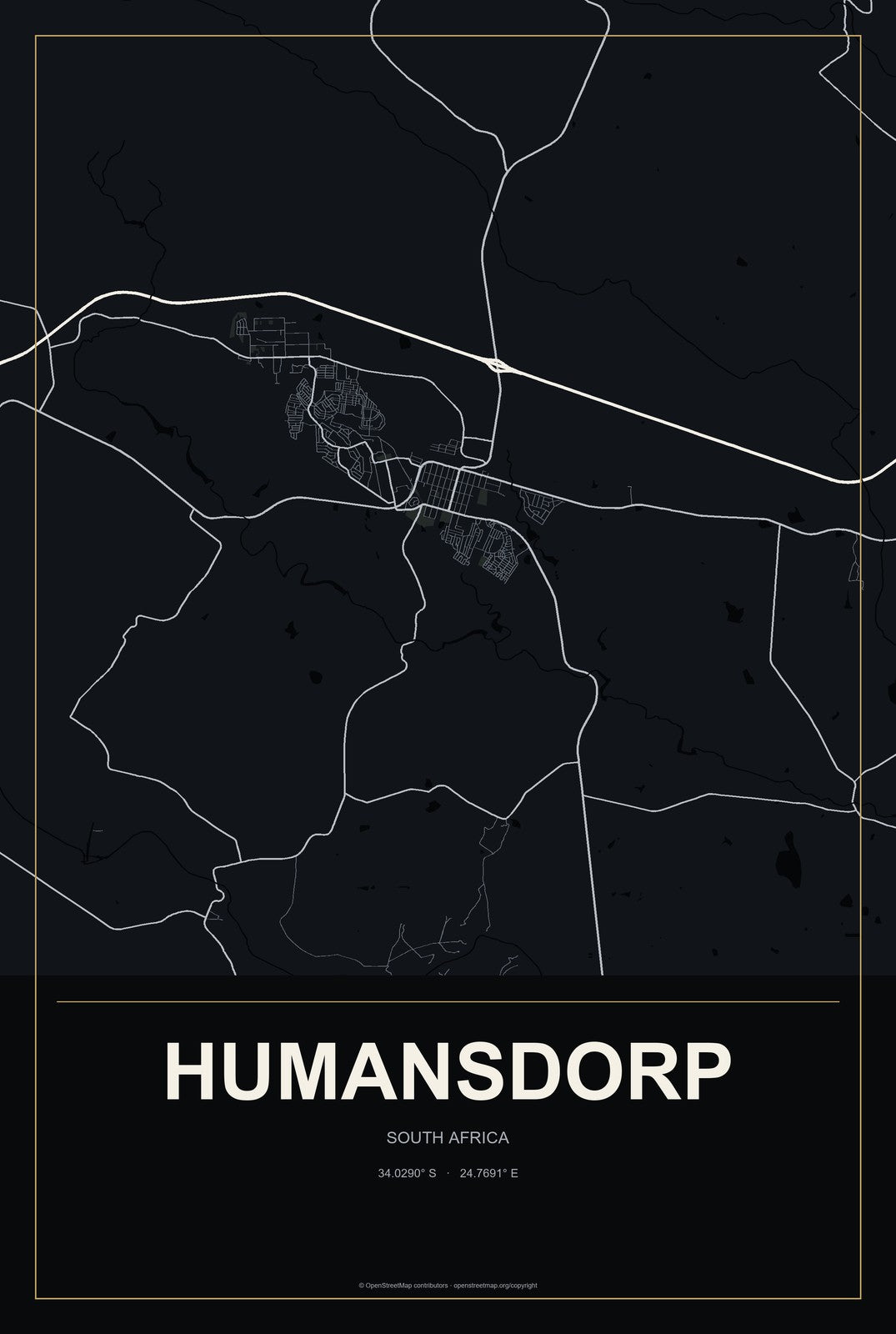 Humansdorp, South Africa City Map Aluminum Sign in Metropolitan Noir style