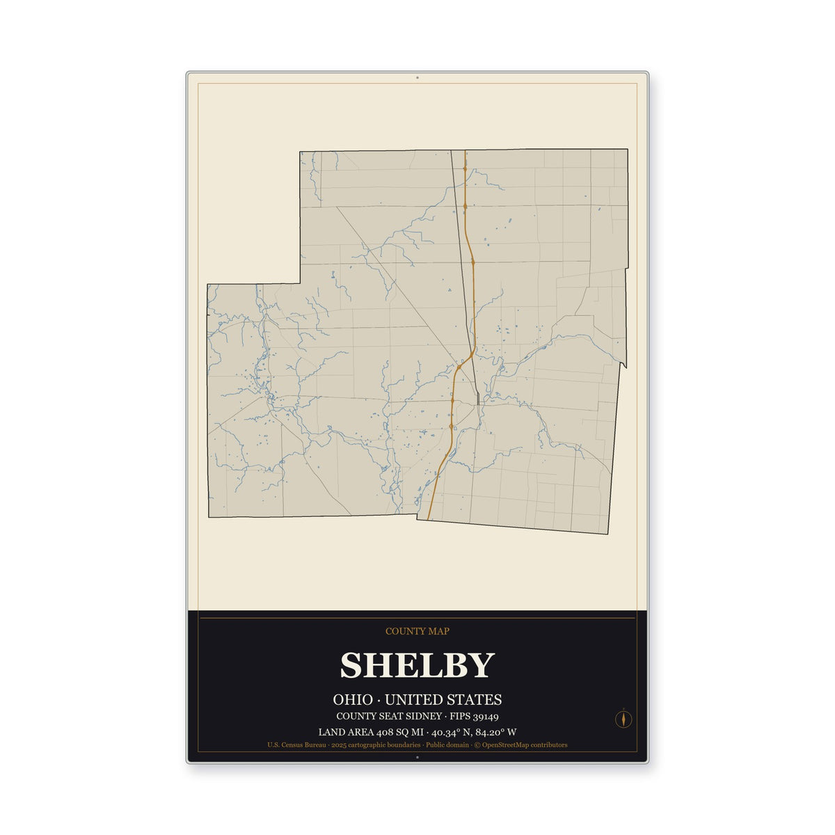 Shelby County, Ohio Map Aluminum Sign in Museum Plaque style