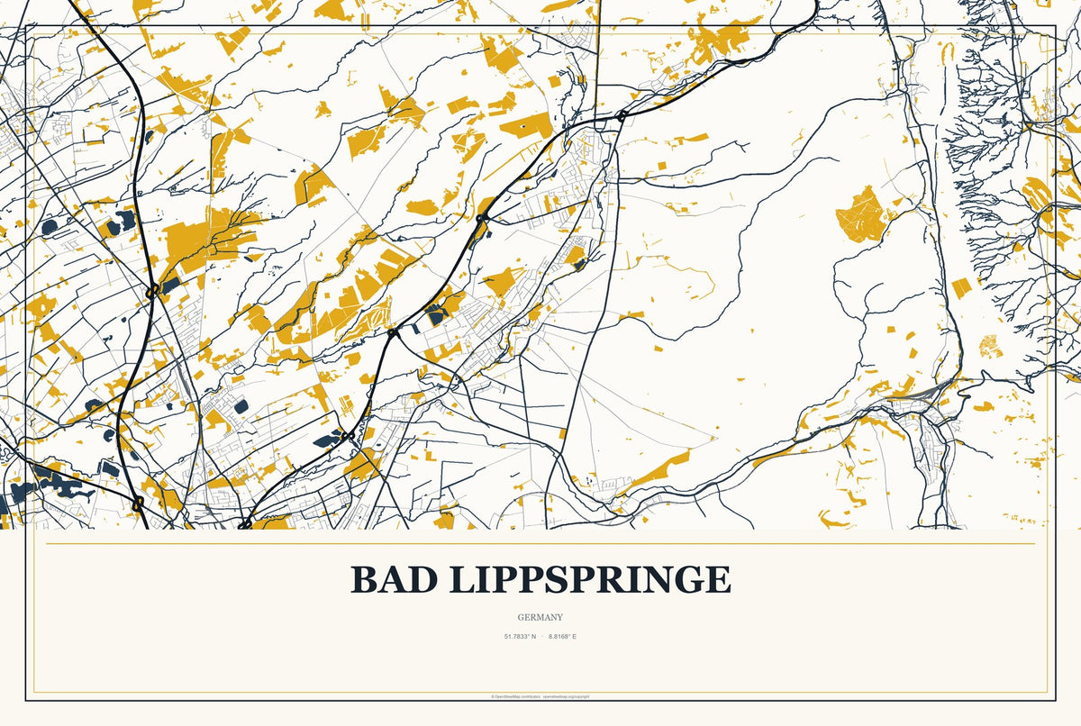 Bad Lippspringe, Germany City Map Aluminum Sign in Citrine Modern style