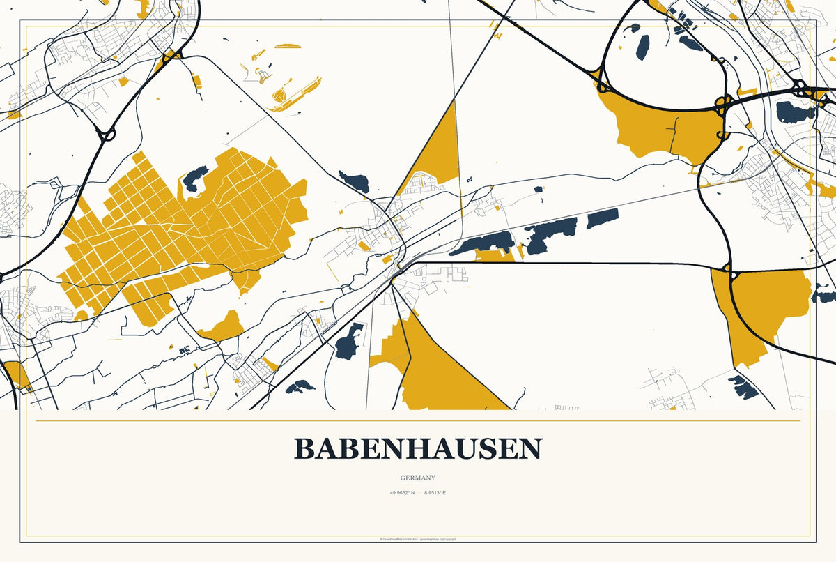 Babenhausen, Germany City Map Aluminum Sign in Citrine Modern style