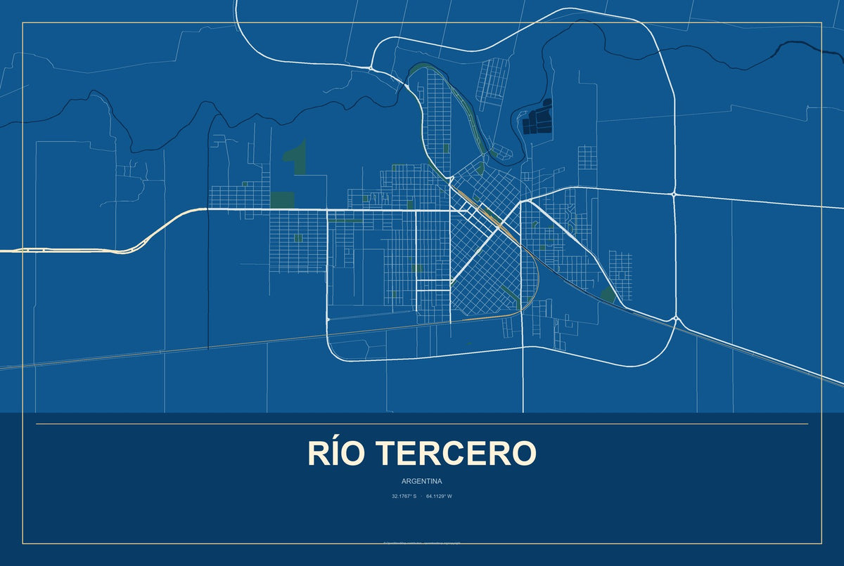 Río Tercero, Argentina City Map Aluminum Sign in Harbor Cobalt style