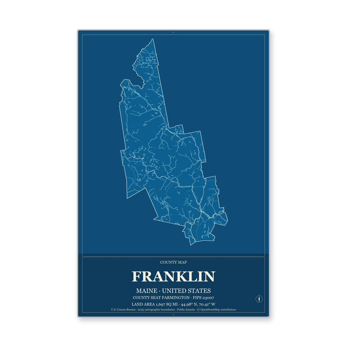 Franklin County, Maine Map Aluminum Sign in Harbor Cobalt style