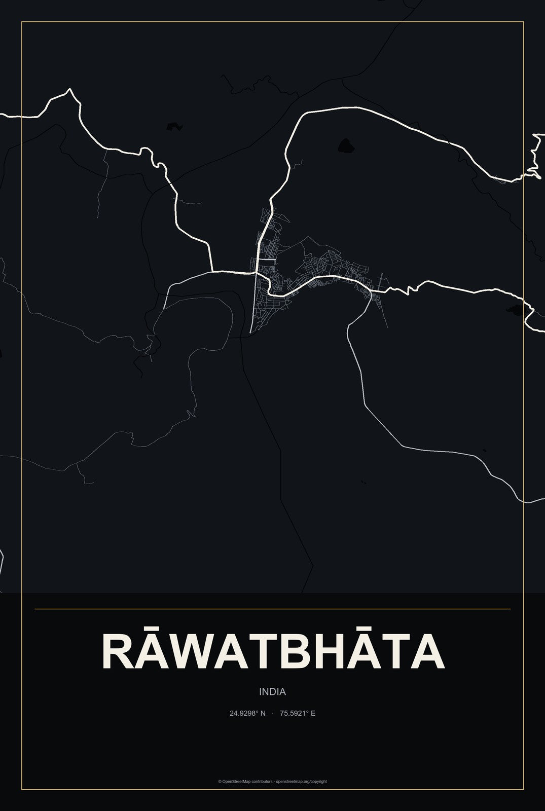 Rāwatbhāta, India City Map Aluminum Sign in Metropolitan Noir style