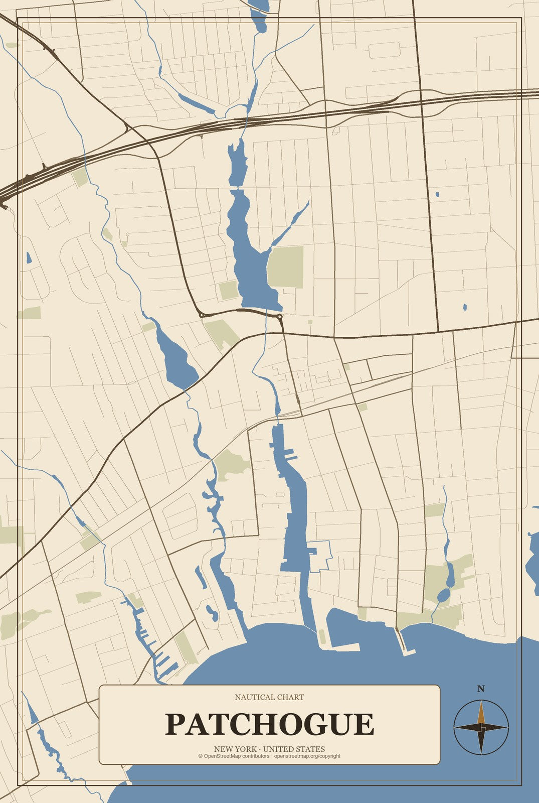 Patchogue, New York City Map Aluminum Sign in Heritage Nautical style