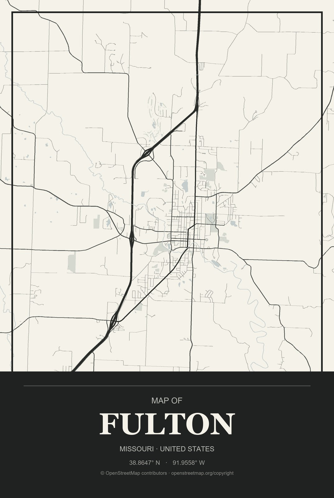 Fulton, Missouri City Map Aluminum Sign in Museum Plaque style