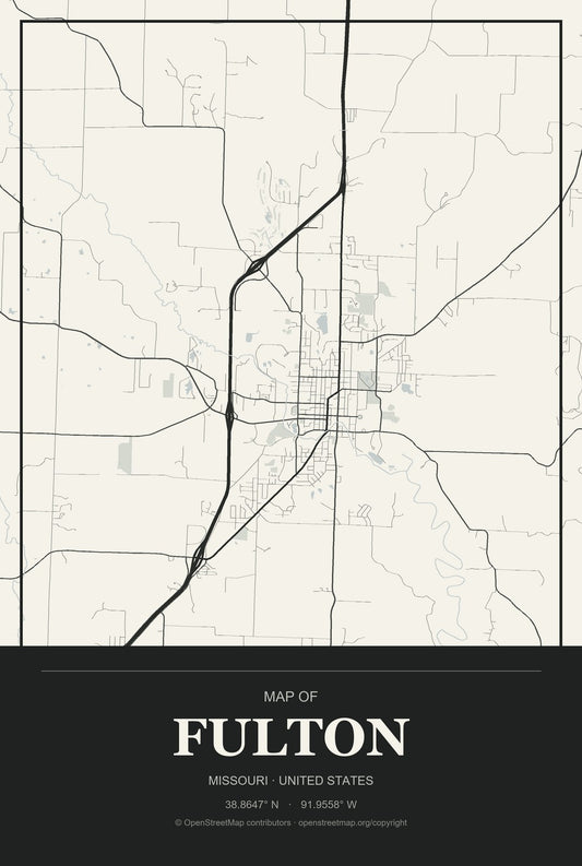 Fulton, Missouri City Map Aluminum Sign in Museum Plaque style