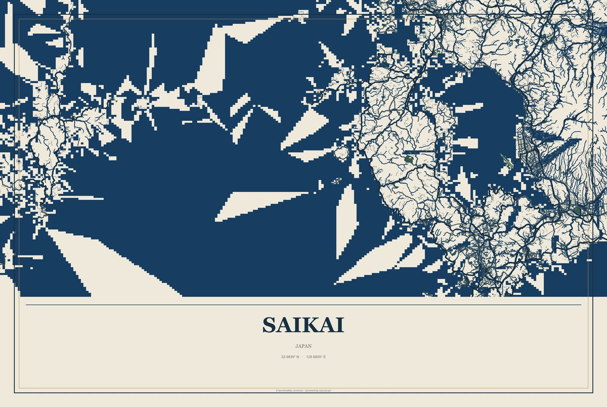 Saikai, Japan City Map Aluminum Sign in Coastal Cutout style