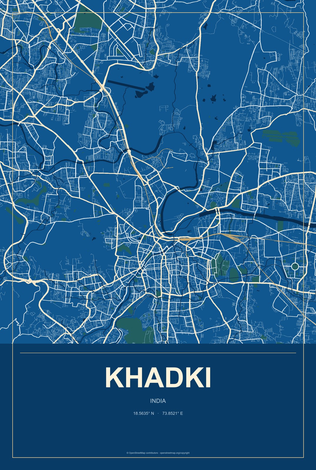 Khadki, India City Map Aluminum Sign in Harbor Cobalt style
