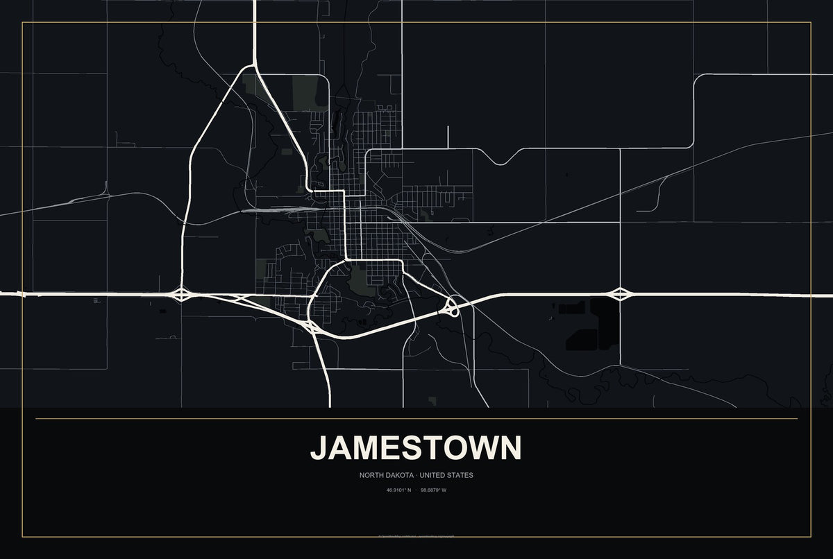 Jamestown, North Dakota City Map Aluminum Sign in Metropolitan Noir style
