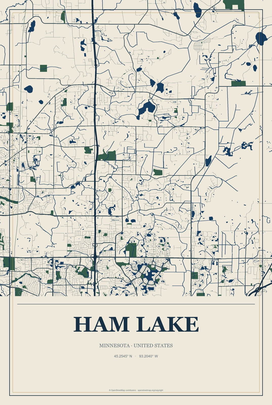 Ham Lake, Minnesota City Map Aluminum Sign in Coastal Cutout style