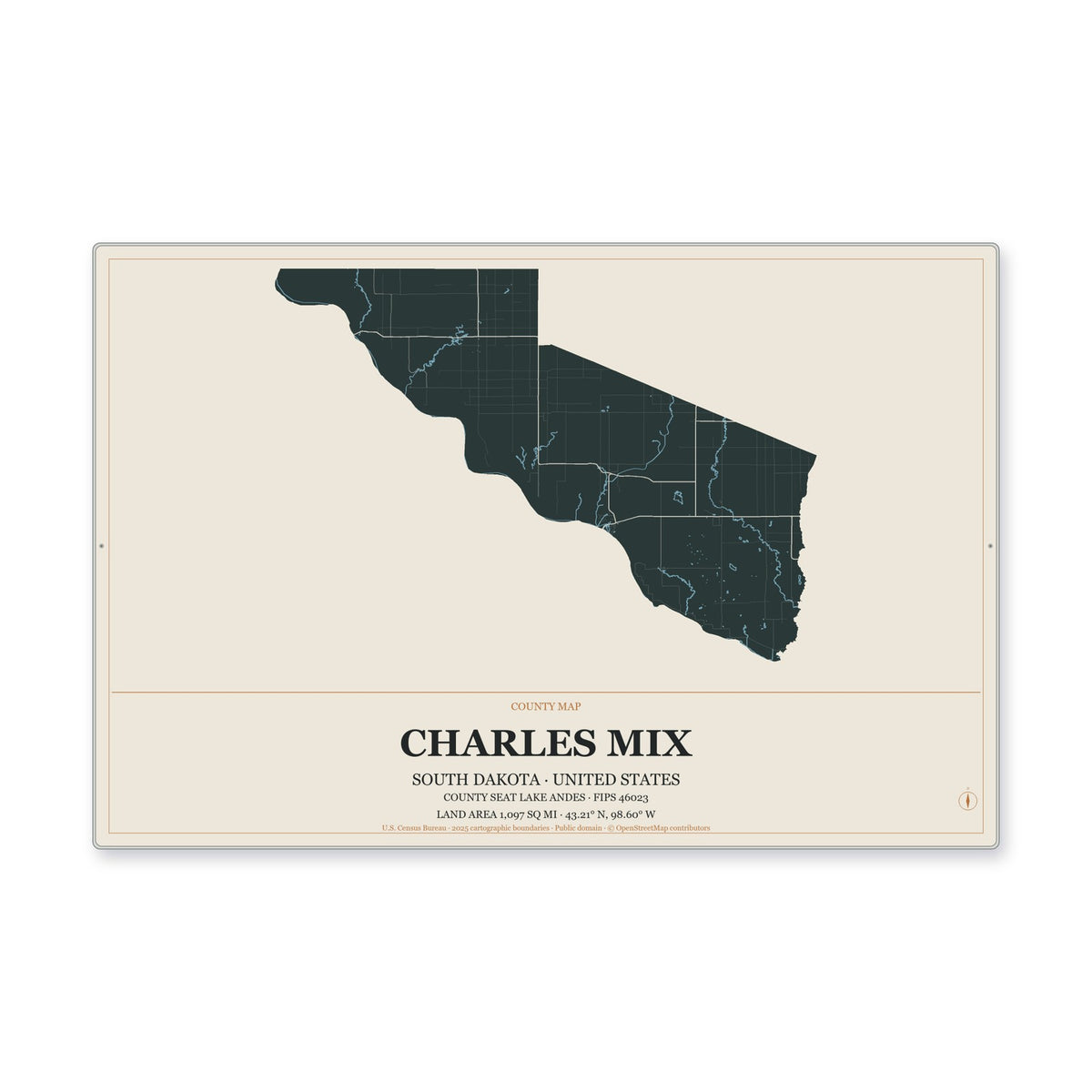Charles Mix County, South Dakota Map Aluminum Sign in Headline Atlas style