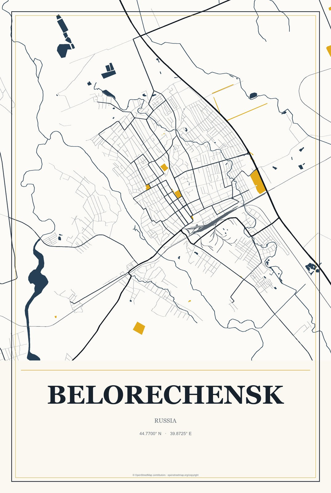 Belorechensk, Russia City Map Aluminum Sign in Citrine Modern style