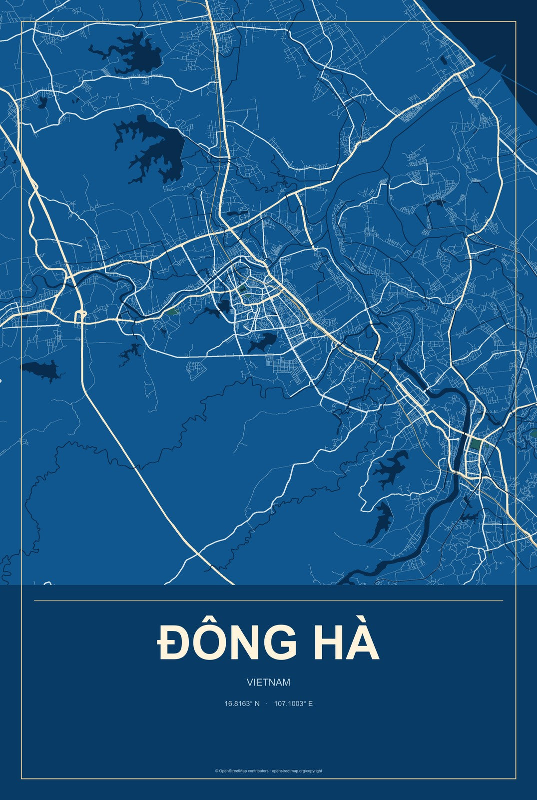 Ðông Hà, Vietnam City Map Aluminum Sign in Harbor Cobalt style