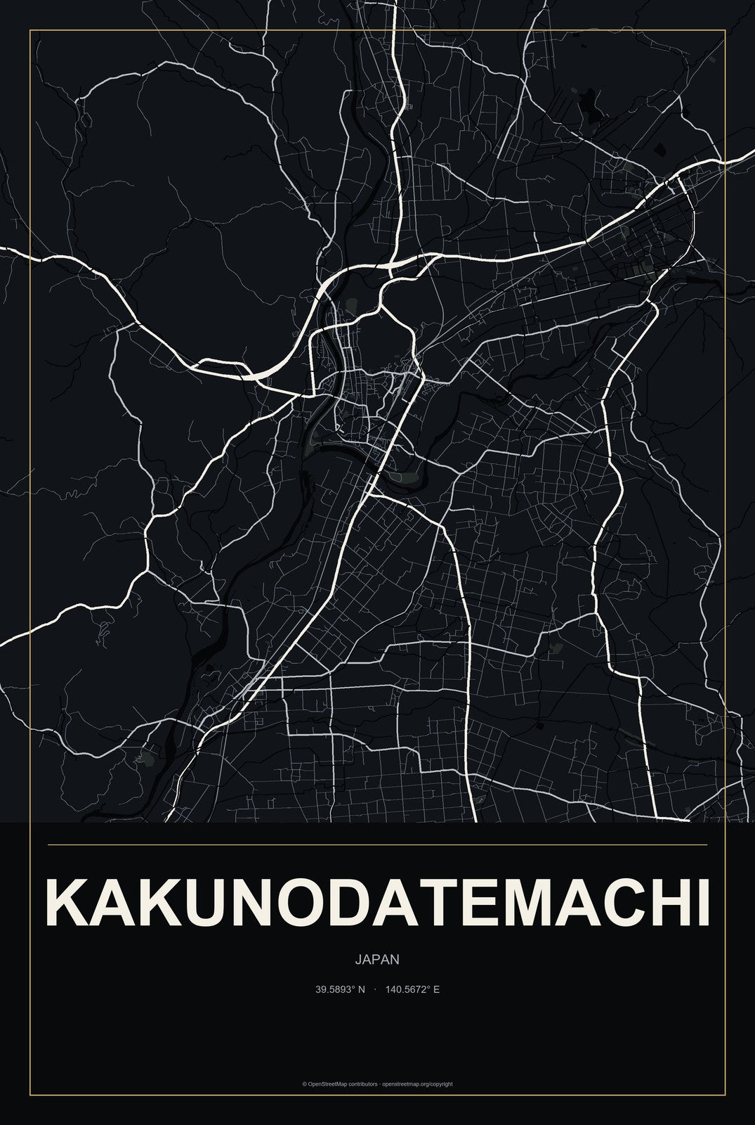 Kakunodatemachi, Japan City Map Aluminum Sign in Metropolitan Noir style