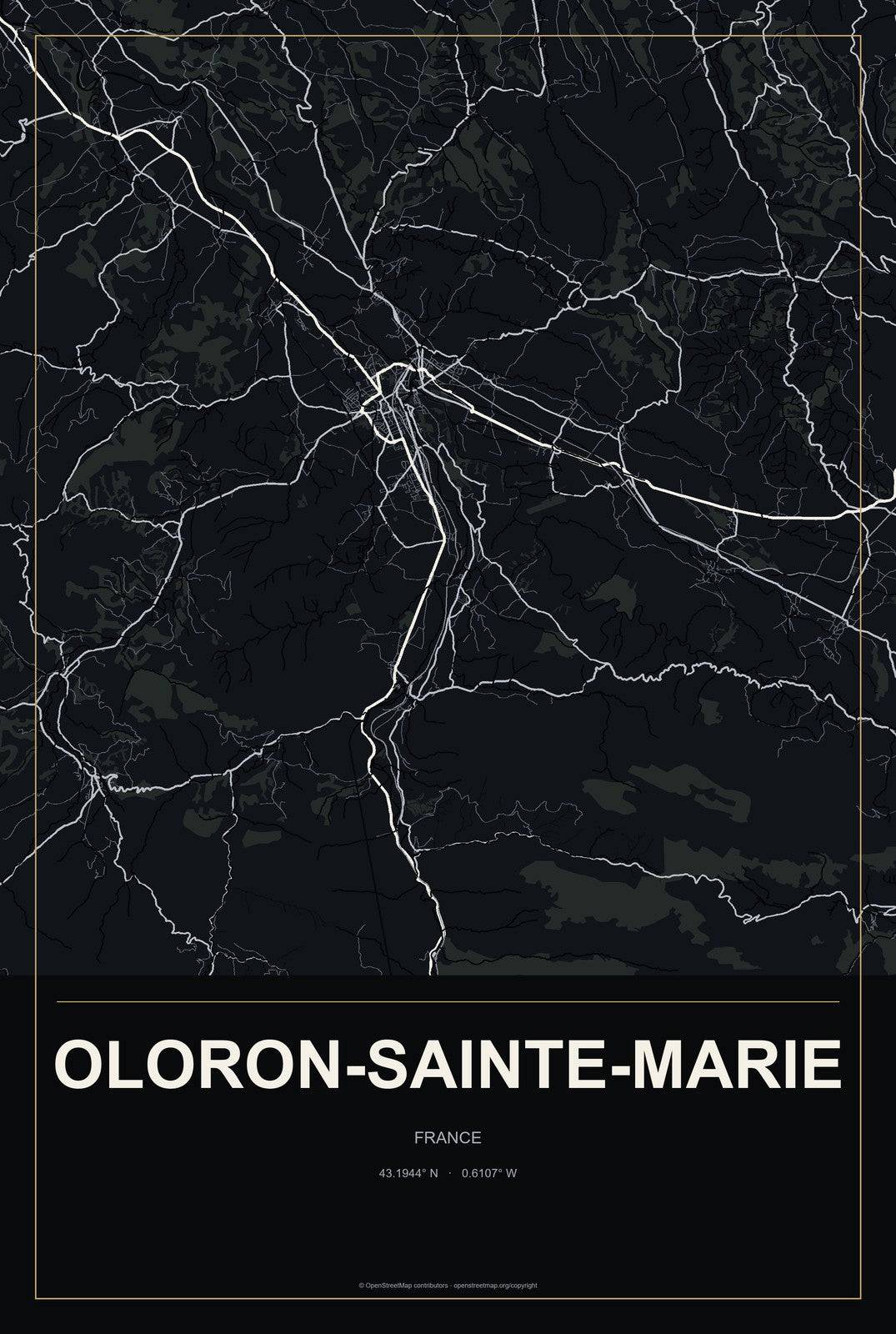 Oloron-Sainte-Marie, France City Map Aluminum Sign in Metropolitan Noir style