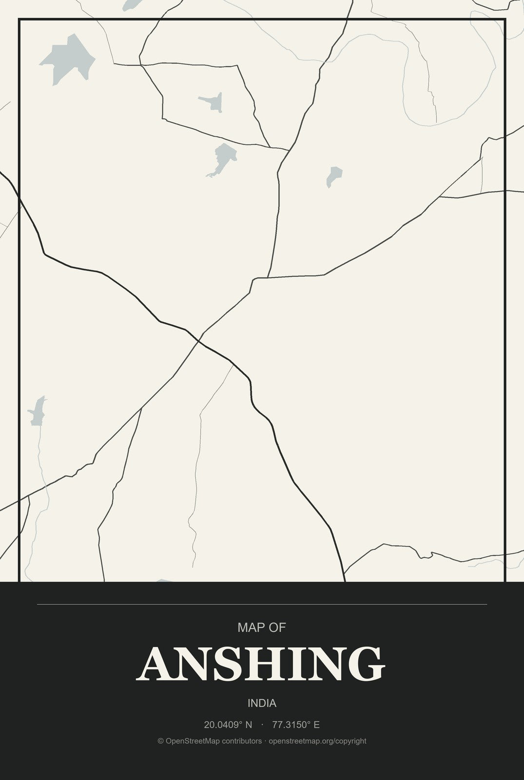 Anshing, India City Map Aluminum Sign in Museum Plaque style