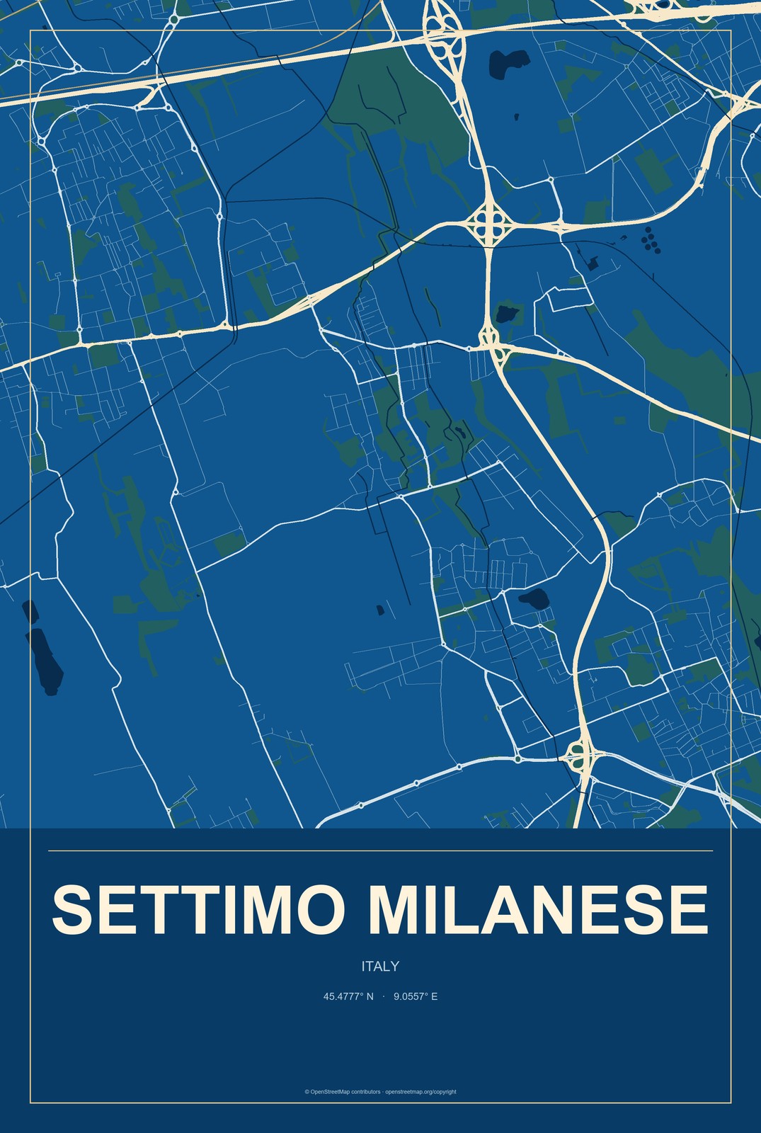 Settimo Milanese, Italy City Map Aluminum Sign in Harbor Cobalt style